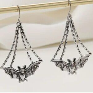 Hanging Silver EP Bat Dangle Earrings Gothic Halloween, All Hallows Eve, Samhain